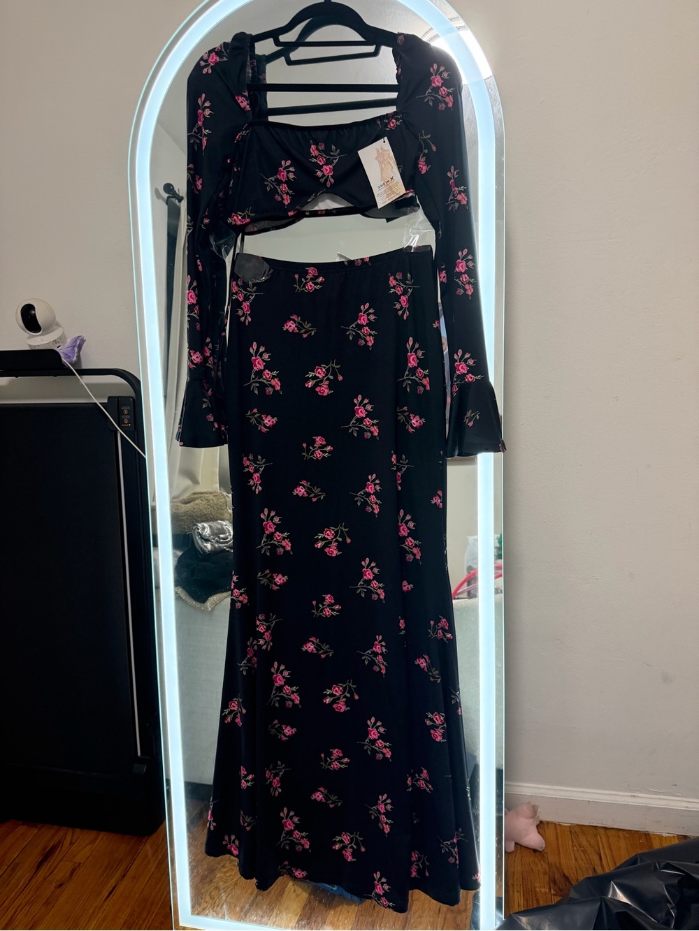 SHEIN Black Maxi Skirt with Pink Floral Print